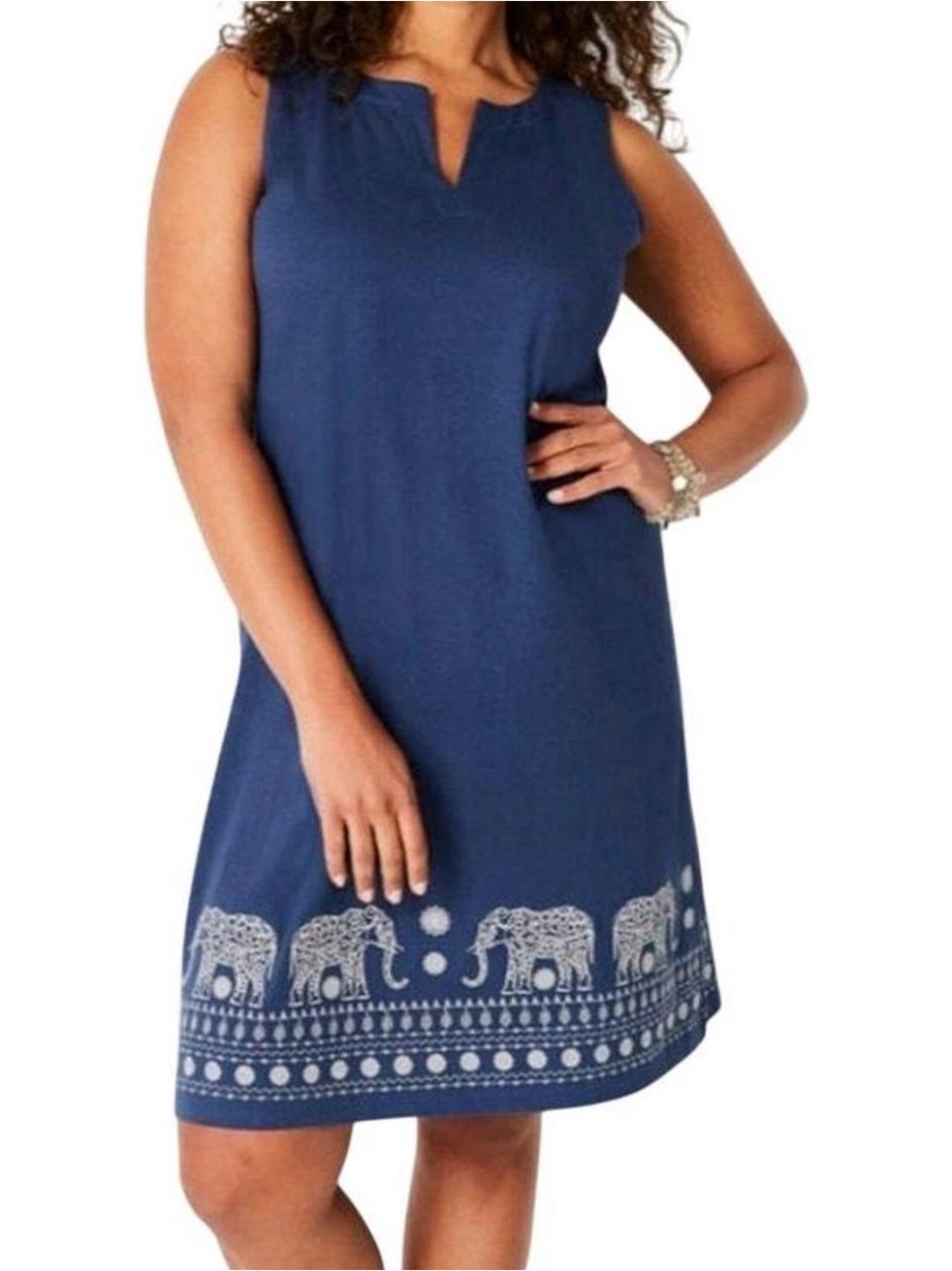 J. Jill Navy Blue Sleeveless Midi Dress with Embroidered Elephant Border